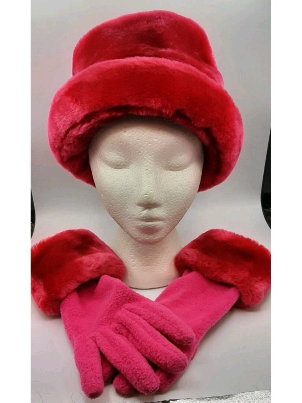 Women's Hot Pink Fluffy Fur F.L.A.G. Bucket Hat & Matching Gloves Winter Set